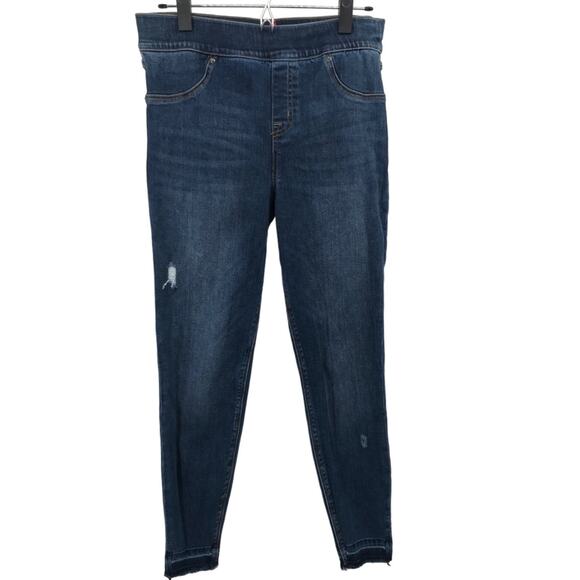 SPANX Womens Medium Wash Distressed Ankle Skinny Jeans L Pull On - Picture 1 of 8